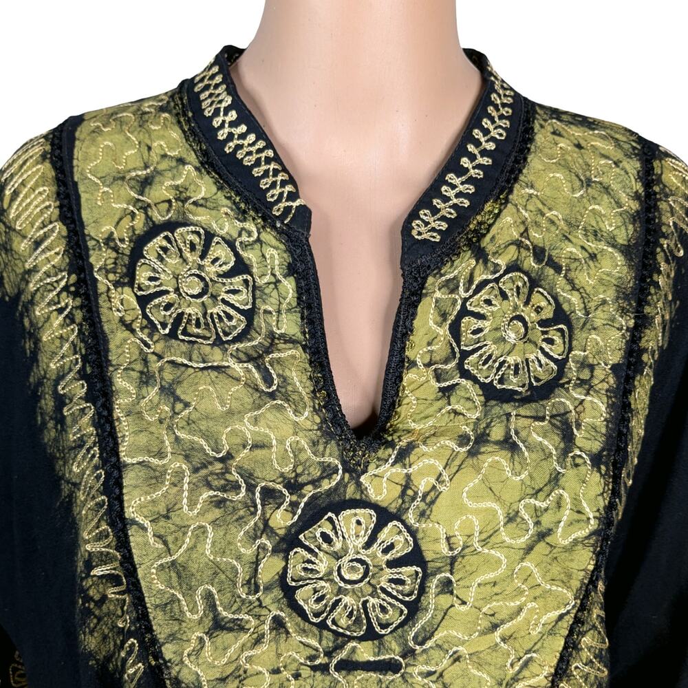 Fashion Terminal Lime Green Black Batik Caftan Tunic Top OS Embroidered Batwing - Picture 3 of 8